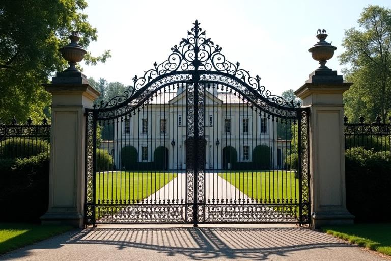 Stor, imponerende smedejernsport foran en herregård
