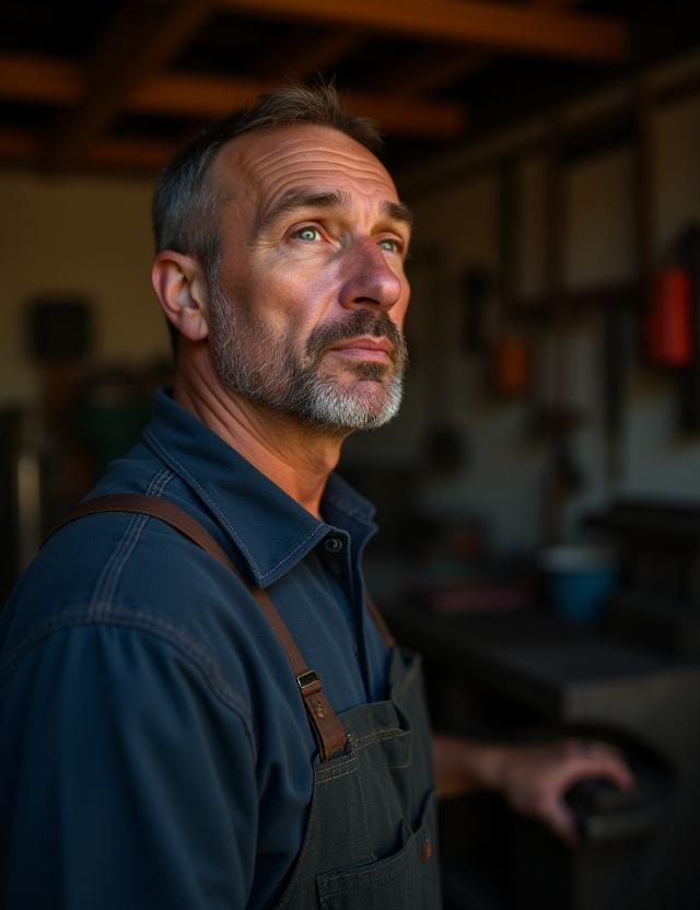 Portræt af grundlæggeren af Malmvej i værkstedet