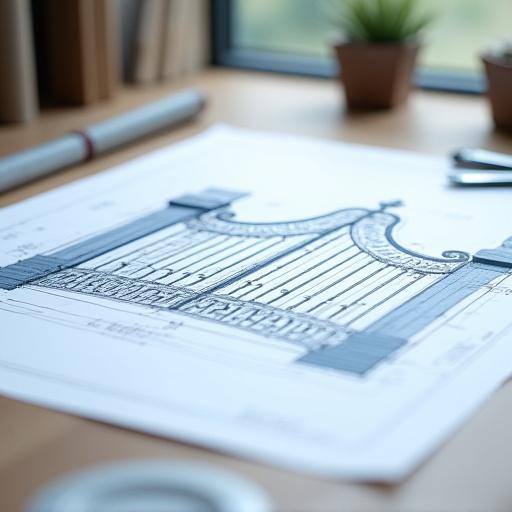 En teknisk tegning af en jernport på et skrivebord