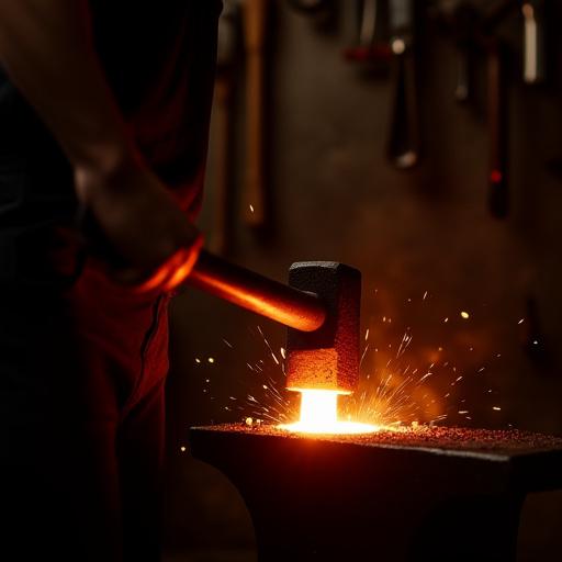 En smed hammerer glødende jern på en ambolt